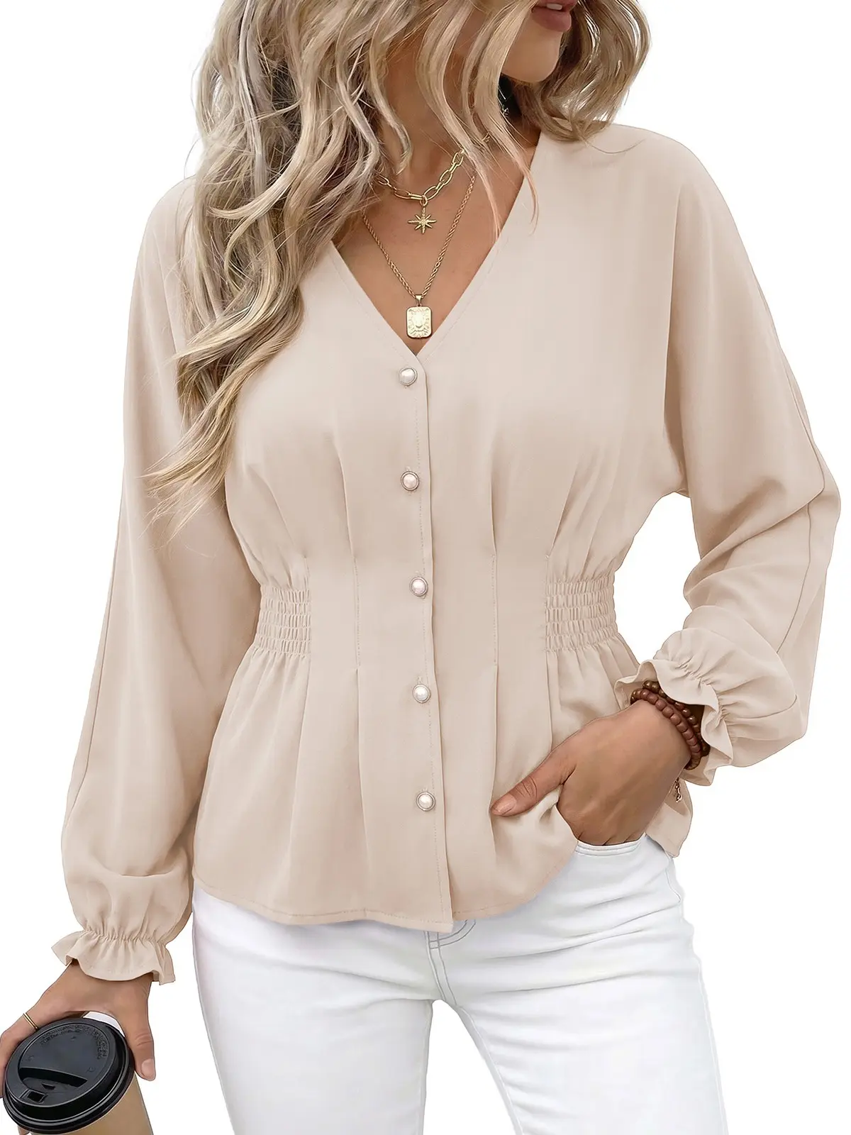 EVALESS Women's Fitted V Neck Tops Button Long Sleeve Solid Color Blouse 2026 Womenswear  Deals For You Days summer outfits,back to school,back to school shopping