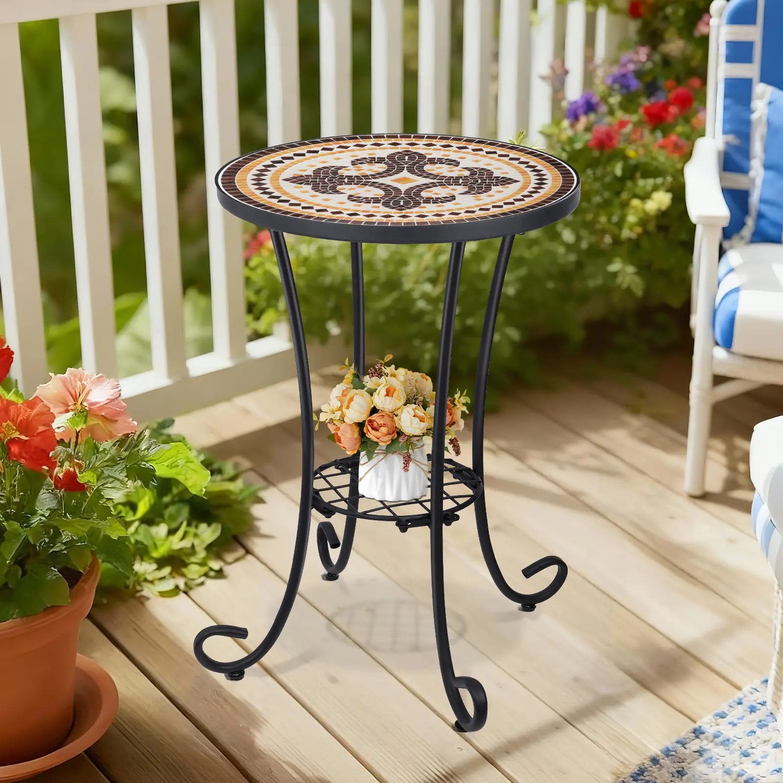 MUMTOP 14-Inch Round Moroccan Mosaic Ceramic Side Table - Rustic Earth Tone Geometric Ceramic Tiles Top, Matte Black Iron Base, Durable Assembled Accent Table for Living Room Room Decor