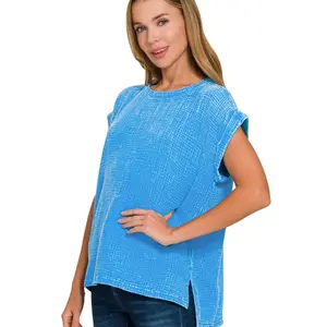 Zenana Woven Double Gauze Acid Washed Short Sleeve Top