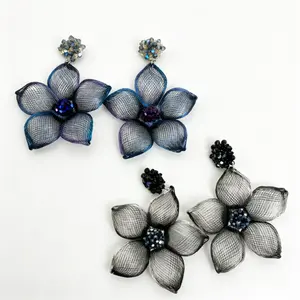Handmade crystal beaded metal wire flower statement earrings