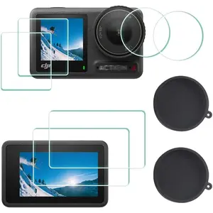Screen Protector for DJI  Action 4 Camera + Silicone Lens cap Cover, 0.3mm 9H Hardness Tempered Glass Protector, Anti-Scrach Anti-Fingerprint Anti-Bubble [2+6 Pieces]