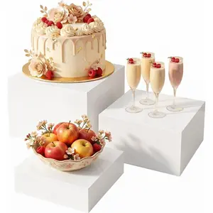 3 count Buffet Risers,  Risers for Buffet Table, Display Stand Shelf for Party Catering Dessert  Collectibles , Different Size White  Cube Boxes Nesting Risers  Display with Hollow Bottoms