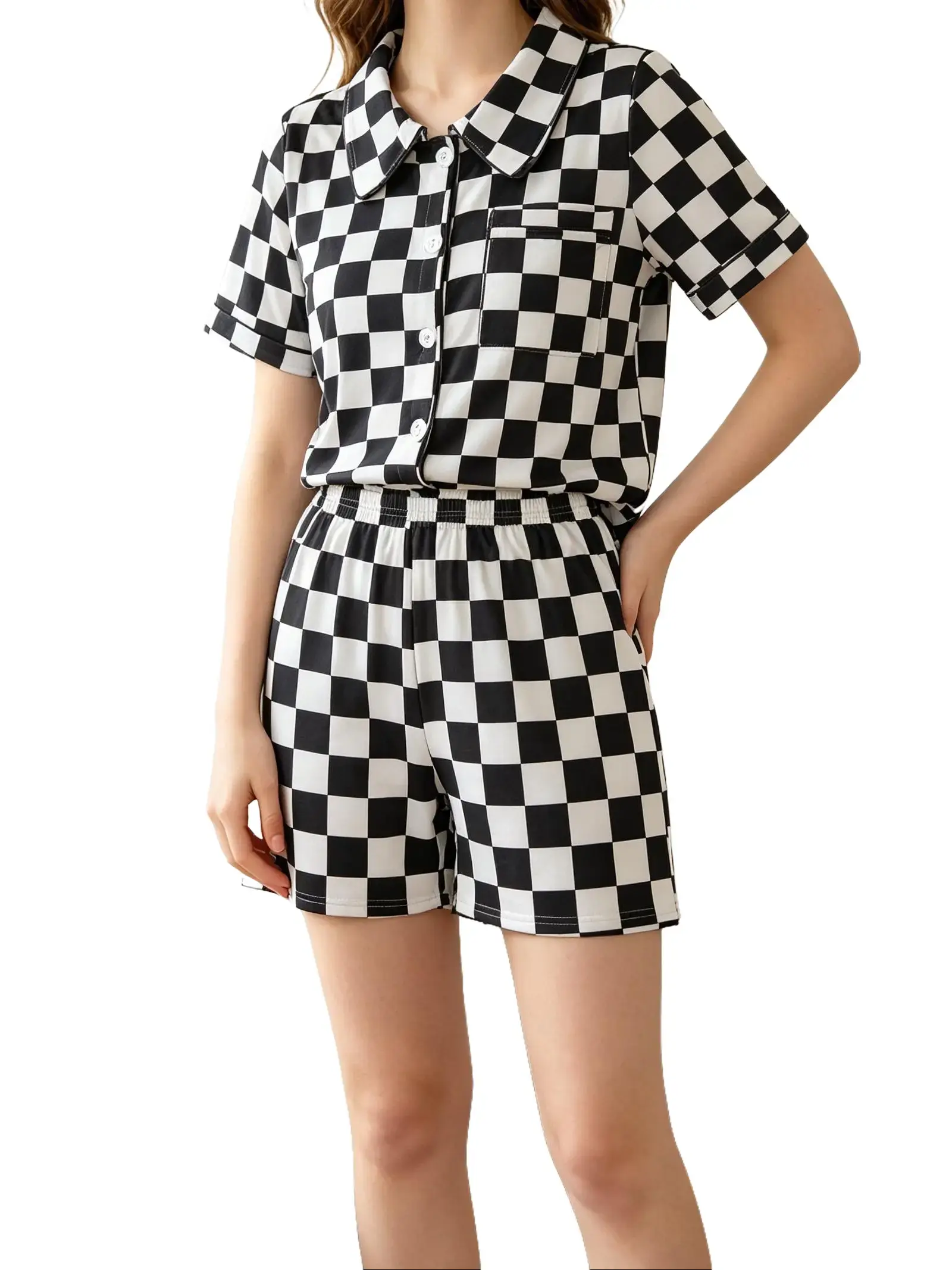 Women's Checkerboard Print Pajama Set, Casual 2-Piece Cotton Basic Set with a Short Sleeve Button-Up and Above Knee Shorts, Style, Soft, Machine Wash, All Over Print, Basic Basics, Loungewear