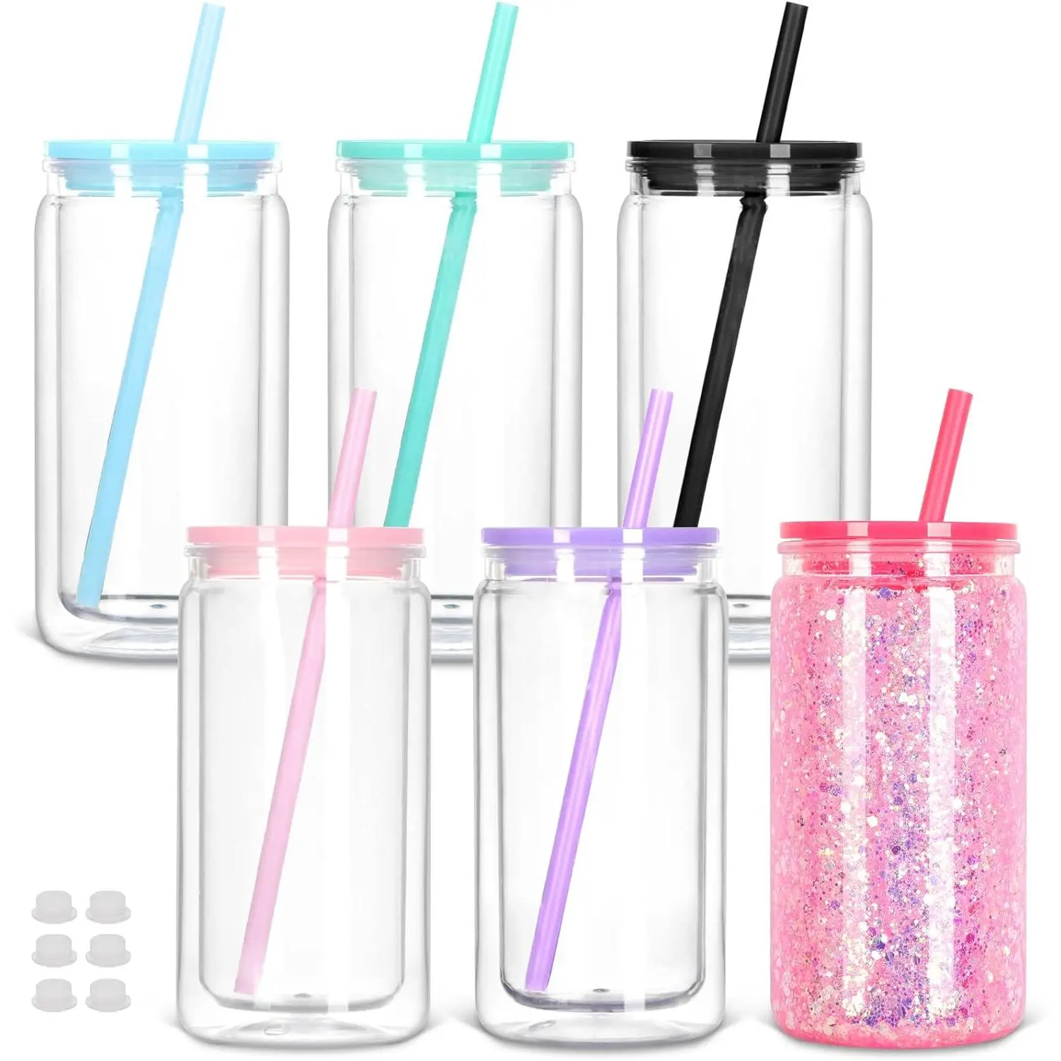 6-Pack Mixed Colors 16 Oz Double-Wall Reusable Plastic Snow Globe Tumbler - Pre-Drilled Hole Mason Jar Cups with Lid, Straw, Stopper, for DIY Projects, Washable Drinkware, 16Oz