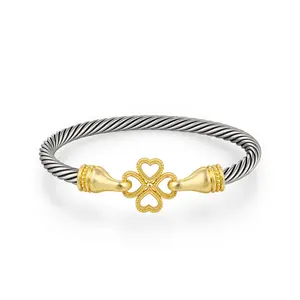 Aprilery Two-Tone Twisted Rope Bangle with Gold Clover Accent, Elegant Jewelry for Daily Wear & Special Occasions