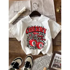 Women's Cherry & Letter Print Round Neck Tee, Fashion Casual Crew Neck T-shirt for Daily Holiday Vacation Outdoor Wear, Ladies Clothes for All Seasons, Casual Fashionable Top