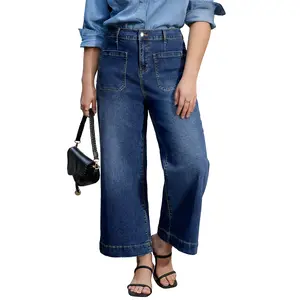 Eytino Plus Size Jeans for Curvy Women High Waisted Wide Leg Stretchy Straight Leg Ankle Denim Pants with Pockets(Size 14-32)