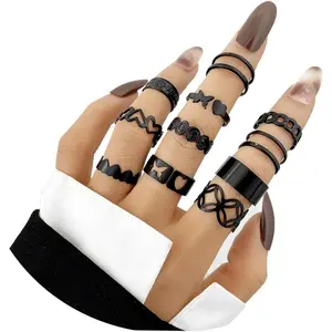11 count Punk Black Ring Sets for Women Stackable Rings,Gothic Butterfly Heart Knuckle  Hollow Carved Joint Finger Midi Rings Set for Men Rings