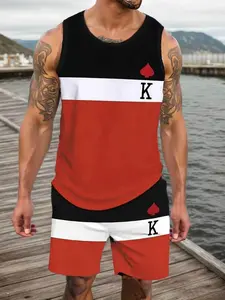 Men's Colorblock Sleeveless Sports Activewear Set, Trendy Letter Print Casual Shorts Top Two-Piece Set, All Seasons Fitted Regular Length, Fitted Sportswear Set