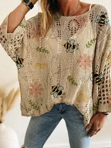 Women's Knitted Long Sleeve Top, Bee & Flower Print, Casual Elegant Commuter Wear, Vacation Style, Loose Fit Batwing Shoulder Design