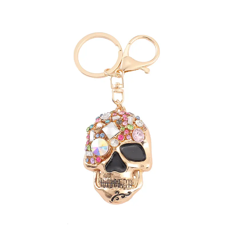Gothic Skull Motif Bling Diamond Keychain, Multicolor Rhinestone Gold Alloy Bag Charm and Car Pendant with Clip, No, Gothic Fashion