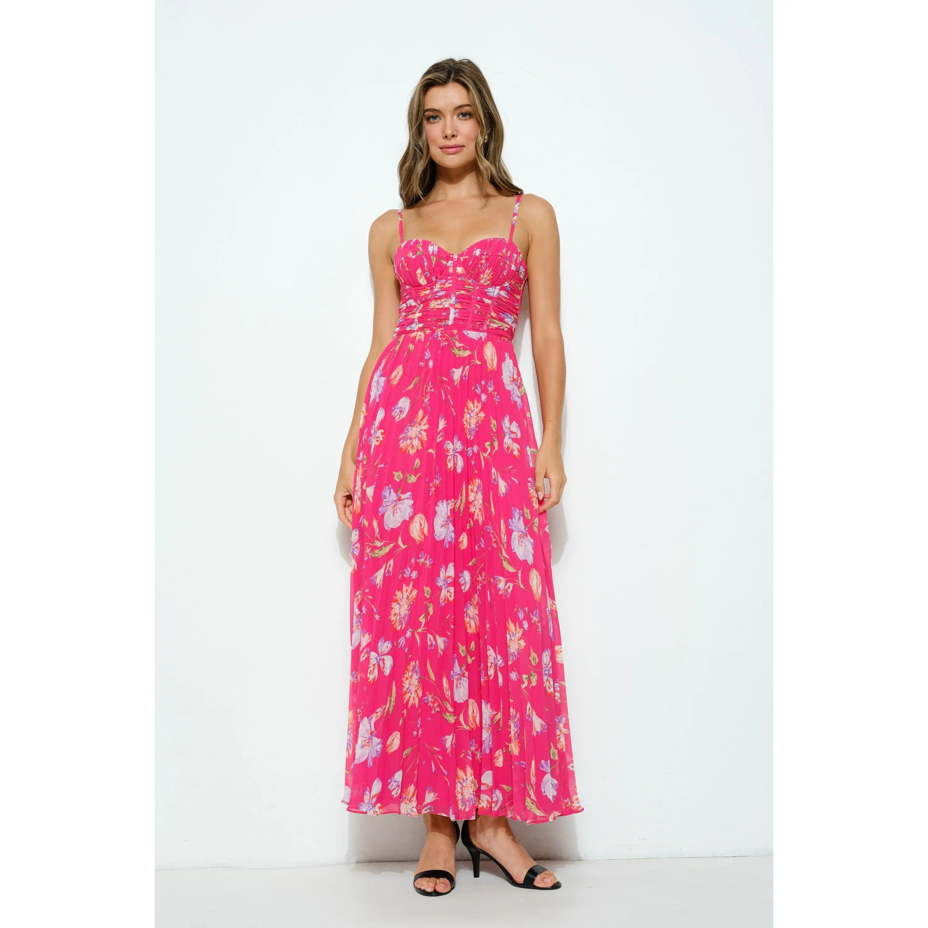 BELLA FLORAL RUCHED BUSTIER PLEATED MAXI DRESS