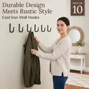 Railroad Spike Cast Iron Hooks (10 Pack) Handmade Blacksmith, Wall Mounted Farmhouse Decorative Hooks, PowderCoated for Interior or Exterior Use, Rust Proof for Hanging Coats, Bags or Pots (Black)