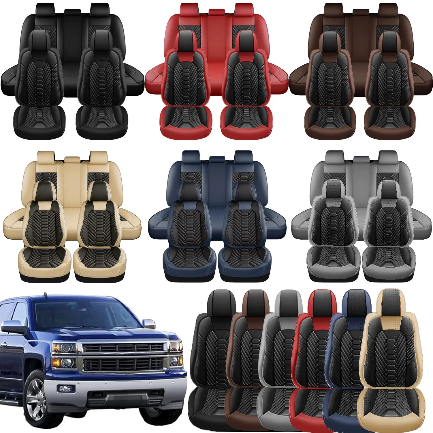Car Seat Covers Custom Fit For Chevy Silverado GMC Sierra 1500 2007-2025 2026 2500/3500 HD Crew Cab Pickup Truck Seat Cover Protector Cushion Nappa Leather Waterproof
