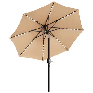 Solar LED Patio Umbrella 10FT – Waterproof UV-Resistant Outdoor Market Parasol – 40 Lights, 8 Ribs, Tilt Crank, Sturdy Iron Pole, Durable Polyester Canopy – For Deck, Pool, Garden, Backyard, Table