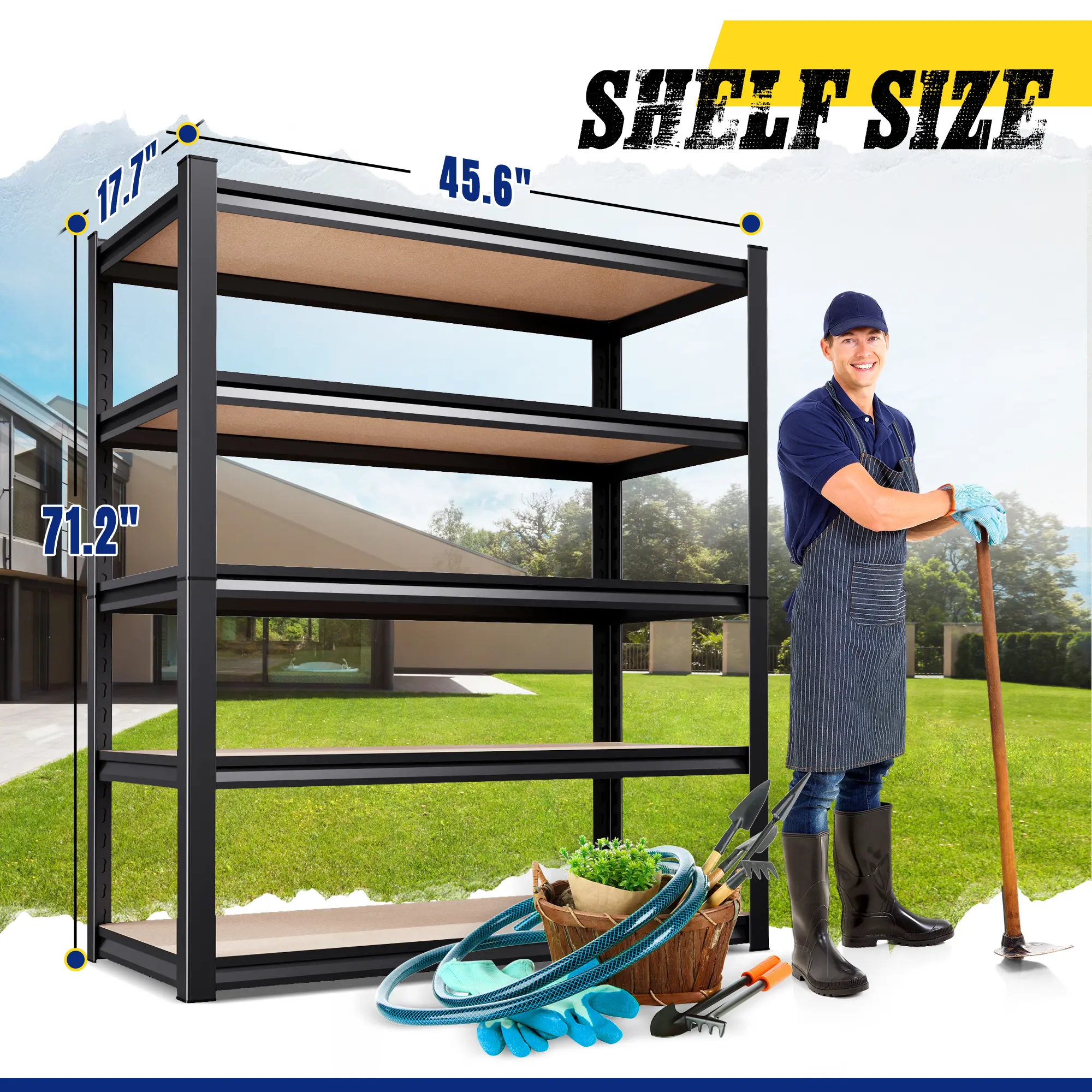 Heavy-duty storage rack, adjustable metal shelves, practical garage organizer, suitable for basement, storage room, kitchen, and warehouse, 71.2 inches x 45.6 inches, clearance under 17.7 inches, black