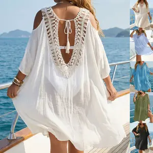 Crochet Cover Ups for Women Lightweight Beach Chiffion Bathing Suit Cover Up Dress Backless Plus Size Mesh Beach Top