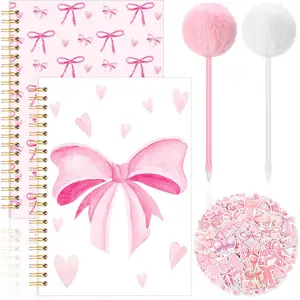107 Pcs Coquette Pink Bow Stationery Set A5 Aesthetic Spiral Notebook Journals Pink Bow Stickers and Fluffy Pom Pom Pen Cute Pens for Women School Preppy Supplies