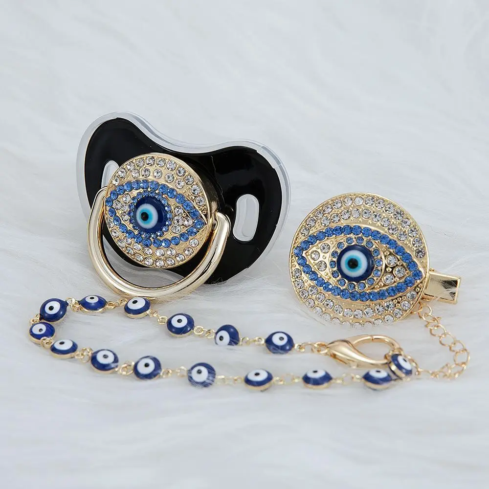 MIYOCAR Luxury Evil Eye Baby Pacifier with Crystal Rhinestones and Chain Clip – Stylish & Protective Baby Accessory