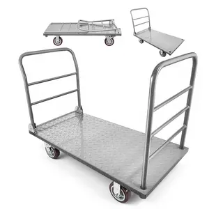 VEVOR Heavy Duty Platform Truck, 2650 lbs Capacity Alloy Steel Flatbed Cart with Anti-Slip Plate, Detachable Guardrail, Foldable Handle, Compact Foldable Dual Swivel Brake Wheels, Hand Push Dolly for Garage, Warehouse, 48x24x36.2in