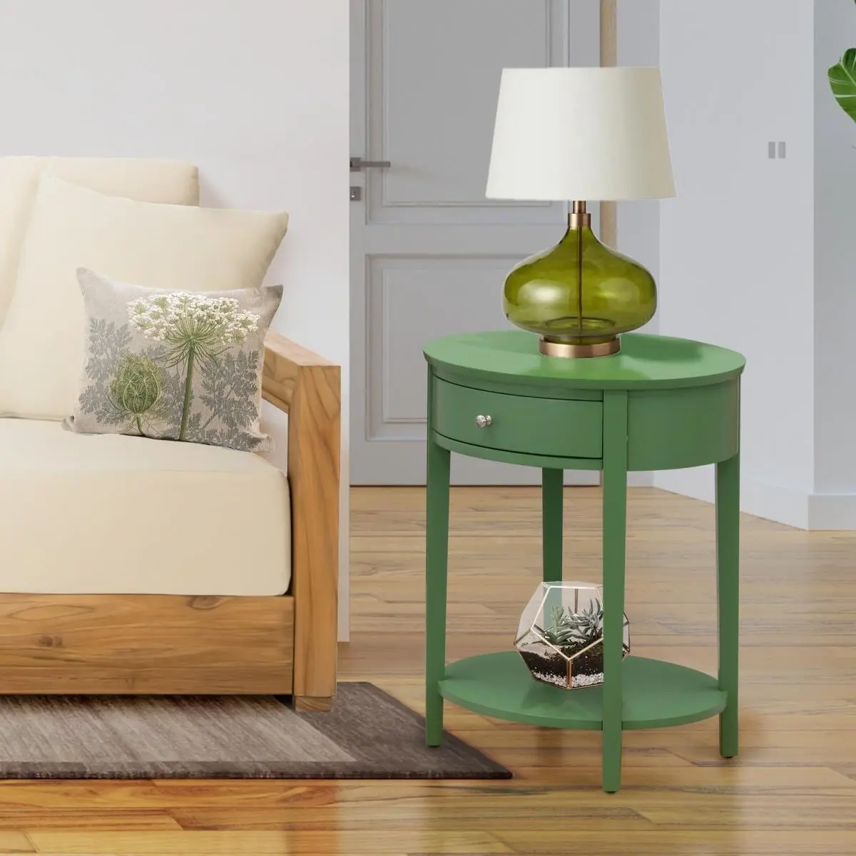 East West Furniture Hillsboro Mid Century Modern Nightstand Table - Lightweight, Compact, Clover Green Solid Finish Indoor Furniture with 1 Asian Wood Drawer, Modern Accent Table, Modern Accent Tables