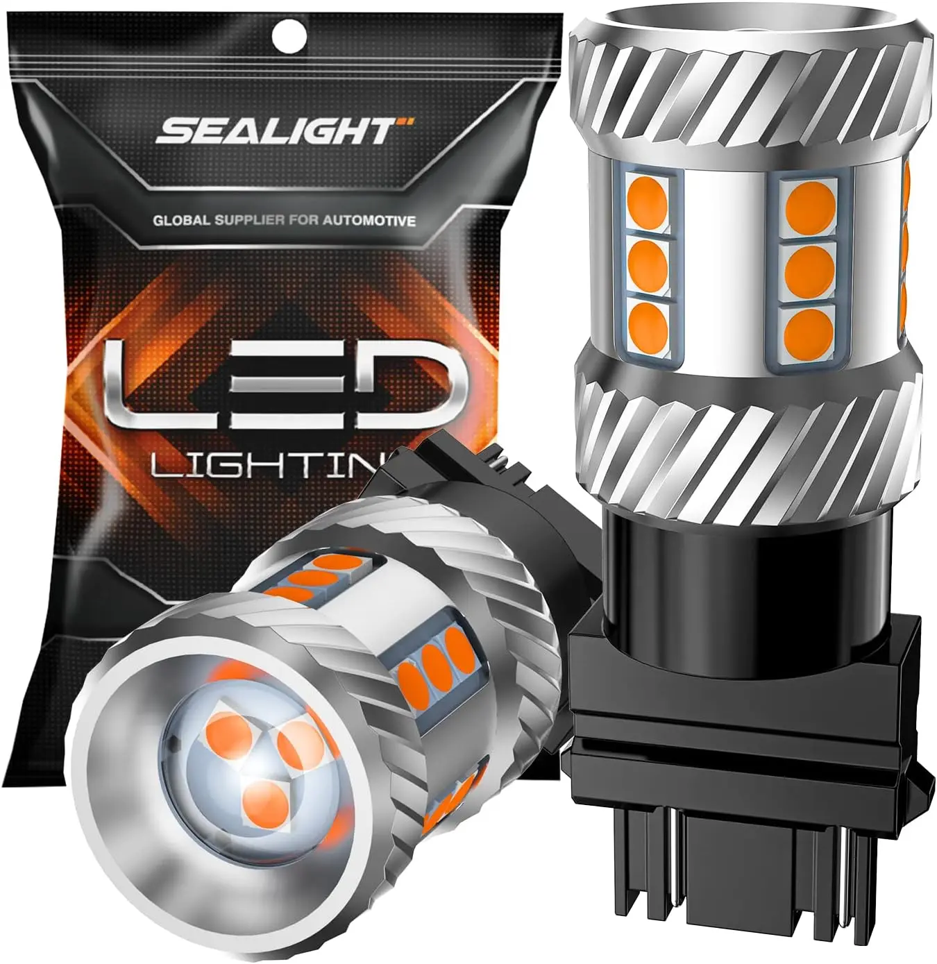 SEALIGHT 3157 3156 3057 4157 LED Bulbs, 2700K Amber Yellow Bulbs with Projector Lenses Replacement for Turn Signal, Brake Tail, and Parking Lights - Pack of 2