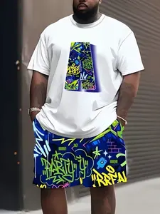 Plus Size Men's Casual Streetwear Short Sleeve Set with 3D Graffiti Print, Breathable Polyester Blend Fabric, Loose-Fitting Style for All Seasons, Clothes
