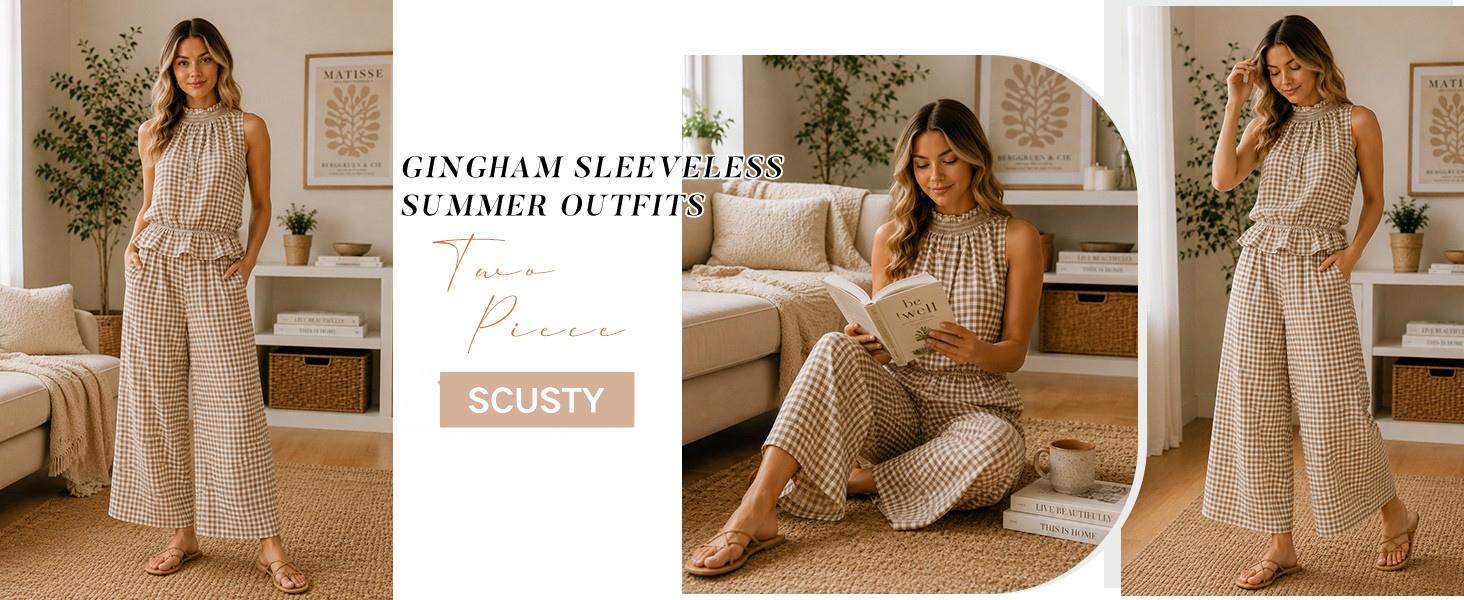SCUSTY Women's 2 Piece Set Outfits Gingham Plaid Sleeveless Ruffle Top Wide Leg Pants Summer Casual Beach Vacation Sets