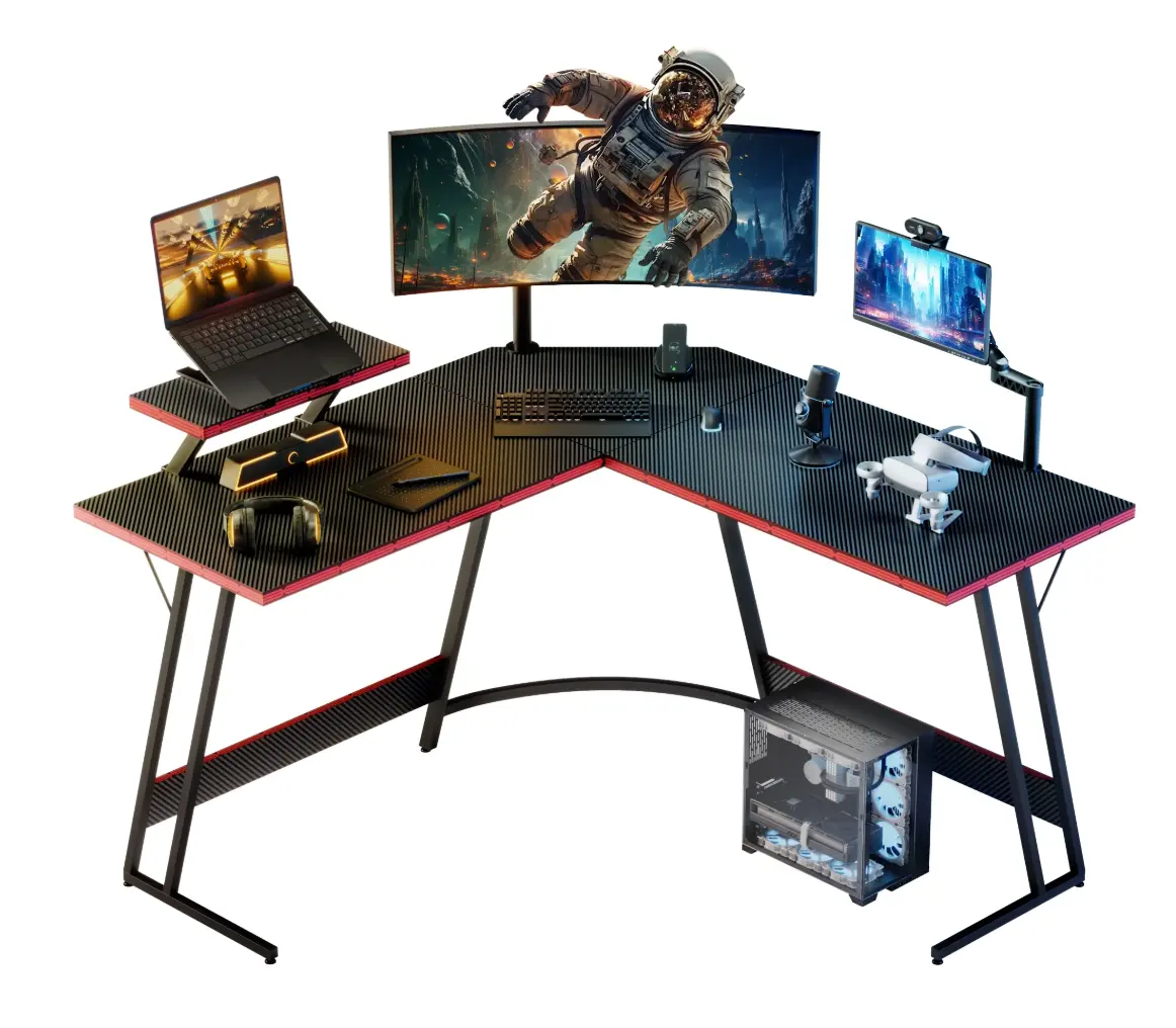 L-Shaped Gaming Desk 51.2 Inches Corner Office Desk with Removable Monitor Riser, Black