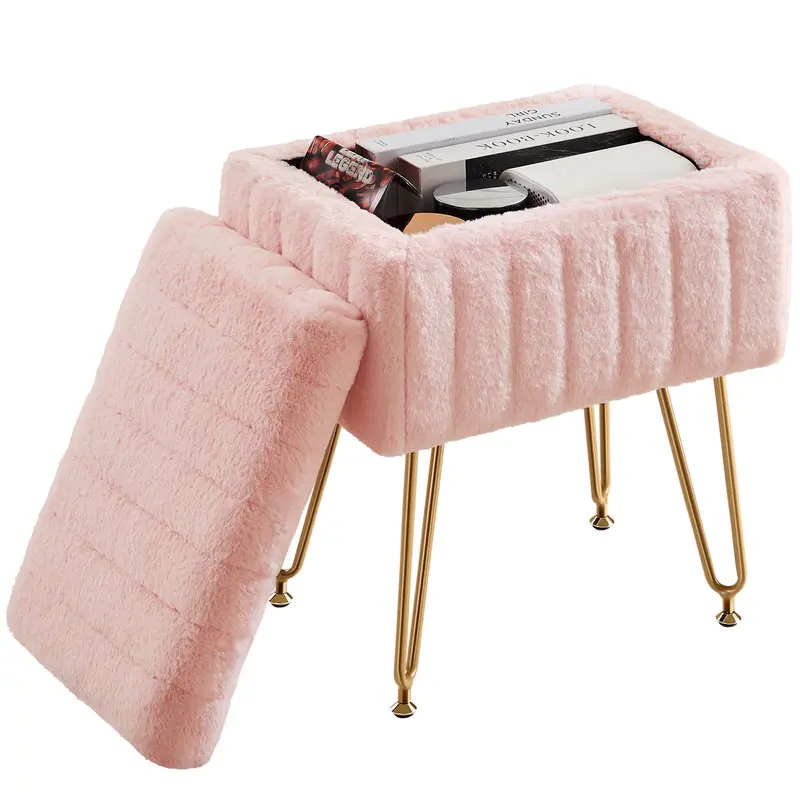 Vanity Stool Chair with Storage, Ottoman Faux Fur Soft Padded Makeup Footstools Seat with 4 Metal Legs Anti-Slip Adjustable Feet Vanity Stool Chair with Storage, Ottoman Faux Fur Soft Padded Makeup Footstools Seat with 4 Metal Legs Anti-Slip Adjustable Feet
