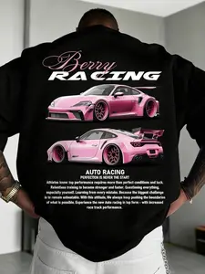 Racing Pattern Print T-Shirt for Men and Women, Fitted Long Street Style Round Neck Tee, Perfect for Day and Night Wear, Streetwear, Top