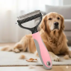 Double Layer Pin Pet Deshedding Brush: Self-Cleaning Loose Hair System, Low Static Undercoat Removal, Anti-Slip Ergonomic Handle. Long Hair Dog Cat Grooming Tool with Optional Grip, Easily Removes Mats & Tangles, Deep Massage Skin Care.