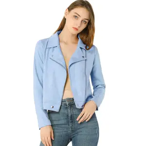 INSPIRE CHIC Women's Zip Up Faux Suede Biker Moto Jacket Medium Light Blue