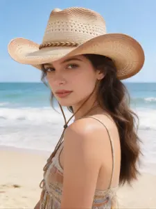 Gradual Hollow Straw Cowboy Hat, Western Style Belted Sun Protection Cap, Summer Breathable Straw Cowboy Hat, Outdoor Cycling Western Straw Hat