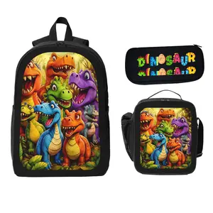3-in-1 Backpack Set - Colorful Cartoon Dinosaur Themed Backpack with Lunch Bag & Pencil Case Fun Design for Dino Lovers Perfect for School Daily Use, Cartoon Character Backpacks, Character-Themed Backpacks