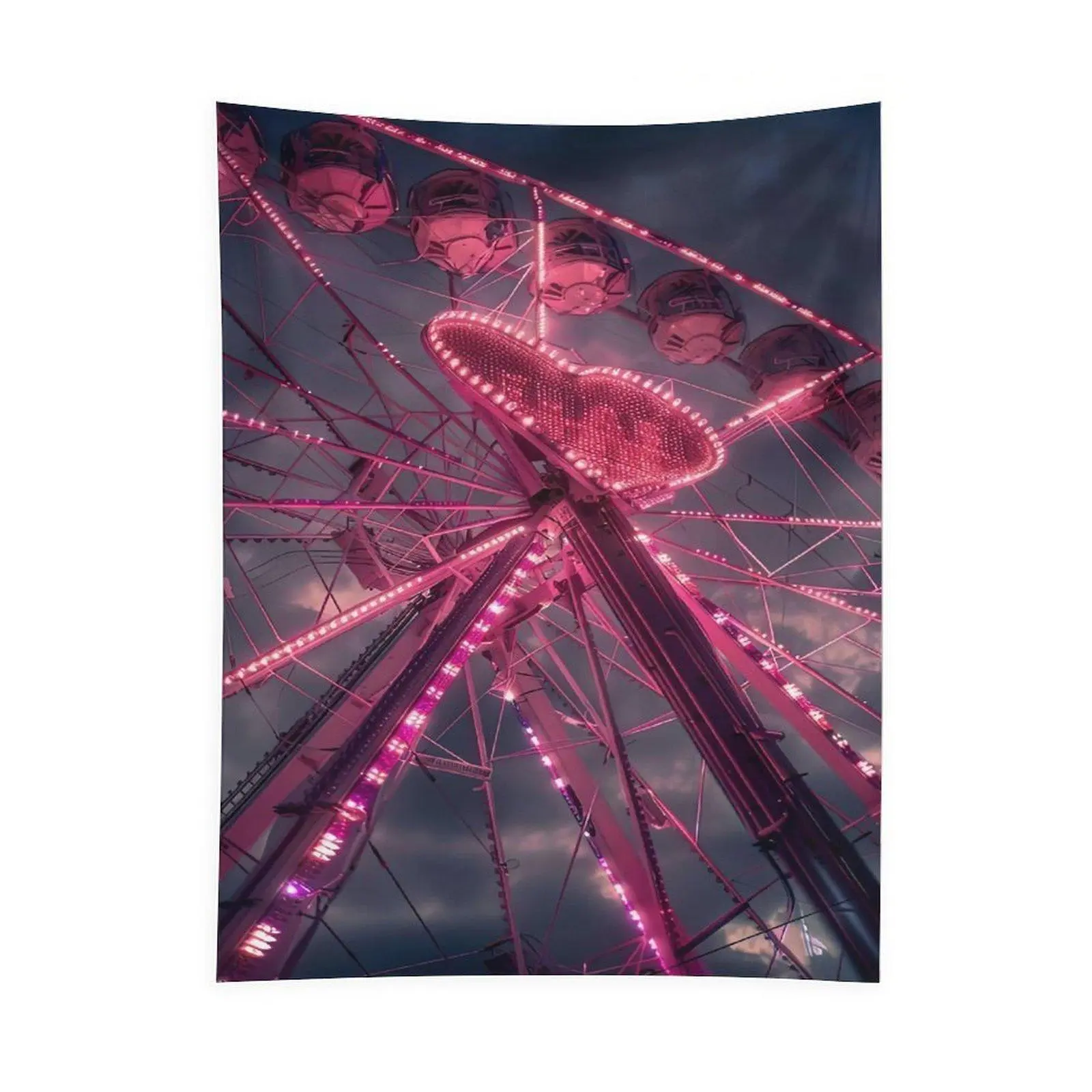 Pink Heart Ferris Wheel Tapestry, Romantic Neon Carnival Night Wall Hanging for Bedroom Dorm Aesthetic Decor