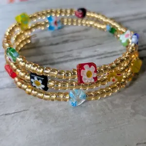 Gold seed bead memory wire bracelet with millifiori beads stacking bracelets wrap bracelets seed bead jewelry one size fits all
