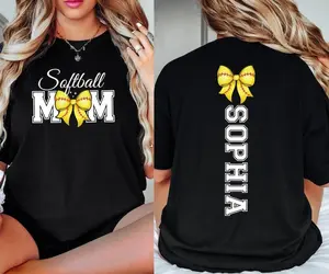 Custom Softball Mom Shirt, Retro Baseball Mama Coquette Bow T-Shirt, Personalized Team Player Name Jersey