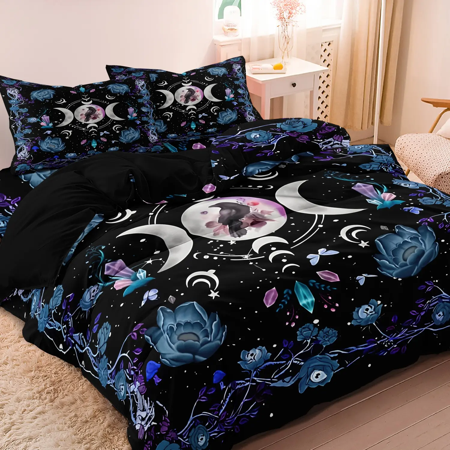 Ramadan Witchy Raven Floral Moon Bedding Cover Set (NO BLANKET INCLUDED), 3Pcs Luxury Bedding Set Included 1*Duvet Cover and 2*Pillowcases Soft Comfortable Comfy Bedding Set For Four-season Home Dorm Decorative Bed Sets Bedroom Bedding Set