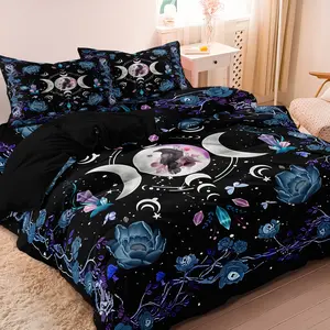 Ramadan Witchy Raven Floral Moon Bedding Cover Set (NO BLANKET INCLUDED), 3Pcs Luxury Bedding Set Included 1*Duvet Cover and 2*Pillowcases Soft Comfortable For Four-season Home Dorm Decorative Bed Sets Bedroom Bedding Set