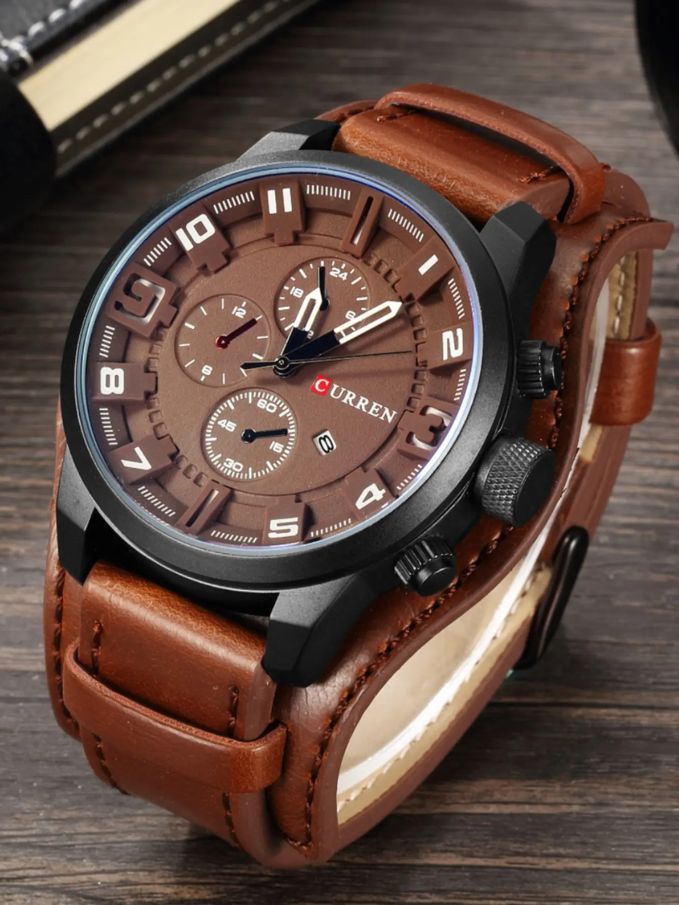 Vintage Men's Chronograph Watch, Large Dial Calendar Window, Leather Strap, Trendy Analog Watch, Gift for Him, High-End Timepiece, Urban Fashion Wristwatch, Casual Trendy Wristwatch, Quartz Analog Wristwatch