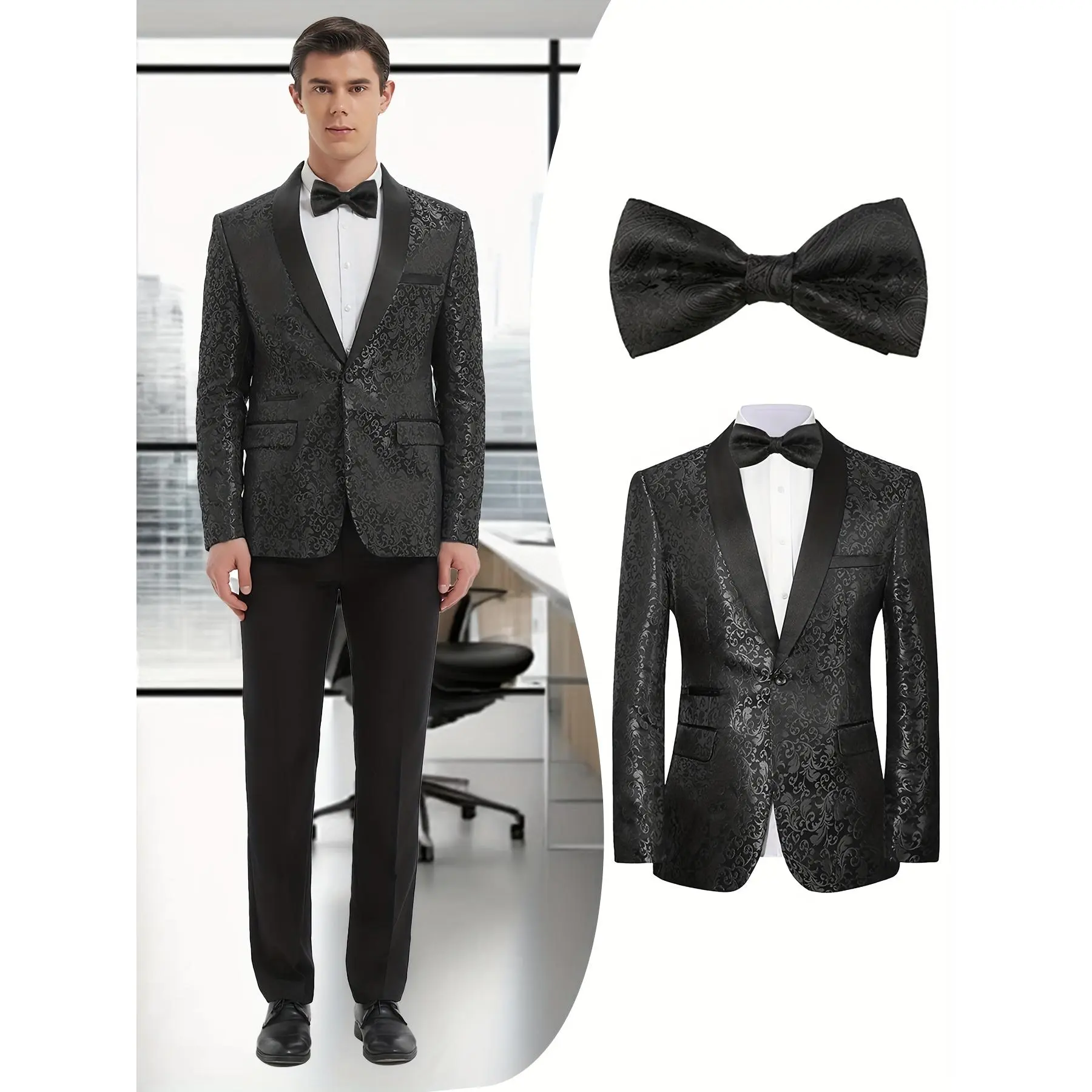 Men’s Floral Jacquard Blazer with Black Bow Tie – Stylish Shawl Collar Suit Jacket for Party & Evening Events