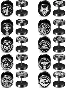 Cool 10 Pairs Black Unique Ear Studs Trendy 316 Stainless Steel Stud Earrings Jewelry for Women Men Fake Ear Plugs Wolf Celtic Viking Studs Earrings Set Punk Black Earrings Set