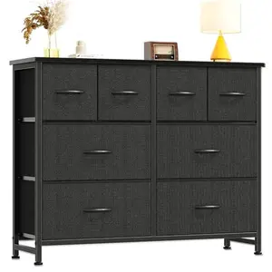 TV Stand with 8 Fabric Drawers, Dresser with Wood Top and Metal Frame, 39.4 Inch Wide Storage Tower, Anti-Tip Safety Design, Adjustable Feet, for Bedroom Living Room Entryway