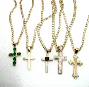 Hermosas cadenas con diseno de cruz en oro laminado 14k, 18-24 pulgadas de largo