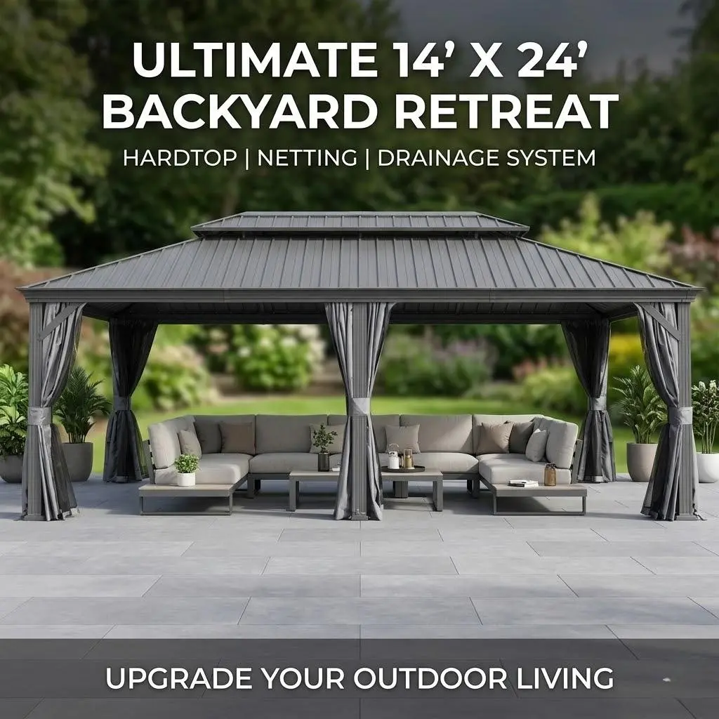 14x24 Hardtop Gazebo Metal Gazebo Drainage System Dual Layer Galvanized Steel Roof with Curtain and Netting Outdoor Shelter for Patio Garden Backyard Modern Patio Decor Ideas Backyard Makeover Home Improvement Grey Finish