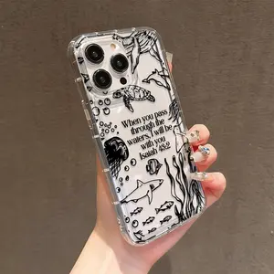 1pc UV Print Turtle Whale Shark Seaweed Text Phone Case, Shockproof Silicone Cover for iPhone 17-11 Pro Max Plus, Trendy Gift