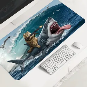 Cat Riding Shark Large-Sized Gaming Mouse Pad, Whimsical Ocean Adventure Desktop Protection Pad, Anti-Slip Rubber Lock Edge High-Definition Printing, Suitable For Computers, Laptops, Offices, Homes, Schools, As A Gift For Family And Friends