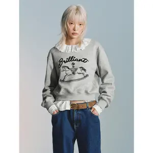 URBAN REVIVO 2026 Spring New Women's Casual Cotton Pullover Tops - Trojan Embroidery Crew Neck Cropped Long Sleeve Sweatshirt, Soft Fabric, UYU460003