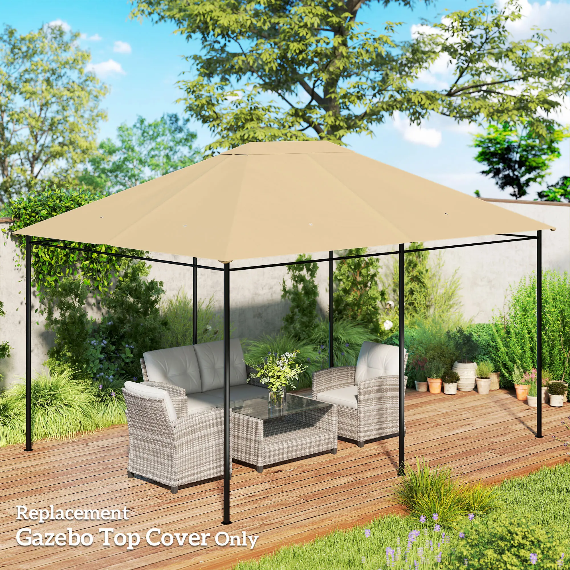Gazebo Replacement Canopy for 84C-116 Series – 10' x 13'. Khaki. UV30+ Polyester. Top Vent for Air Circulation. Hook & Loop Fasteners. Rain Drainage Holes. Roof Only